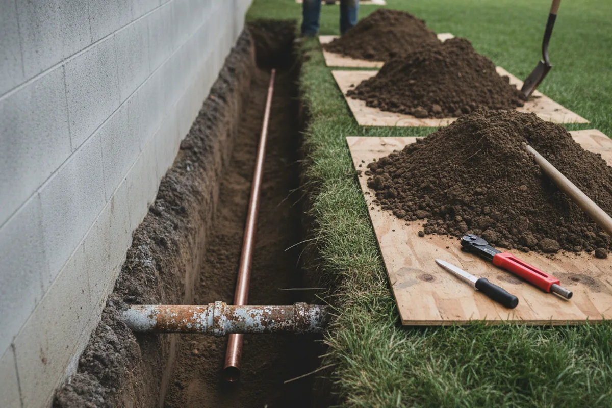 Excavated water line trench during Water Softener Installation in The Colony